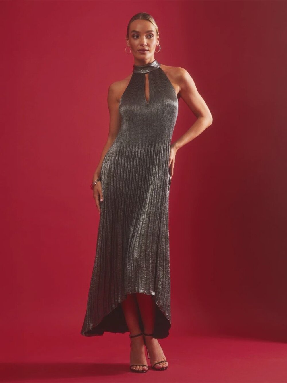 Adrianna Papell Pleated Metallic High Low Maxi Halter Dress Size 8 10 12 14